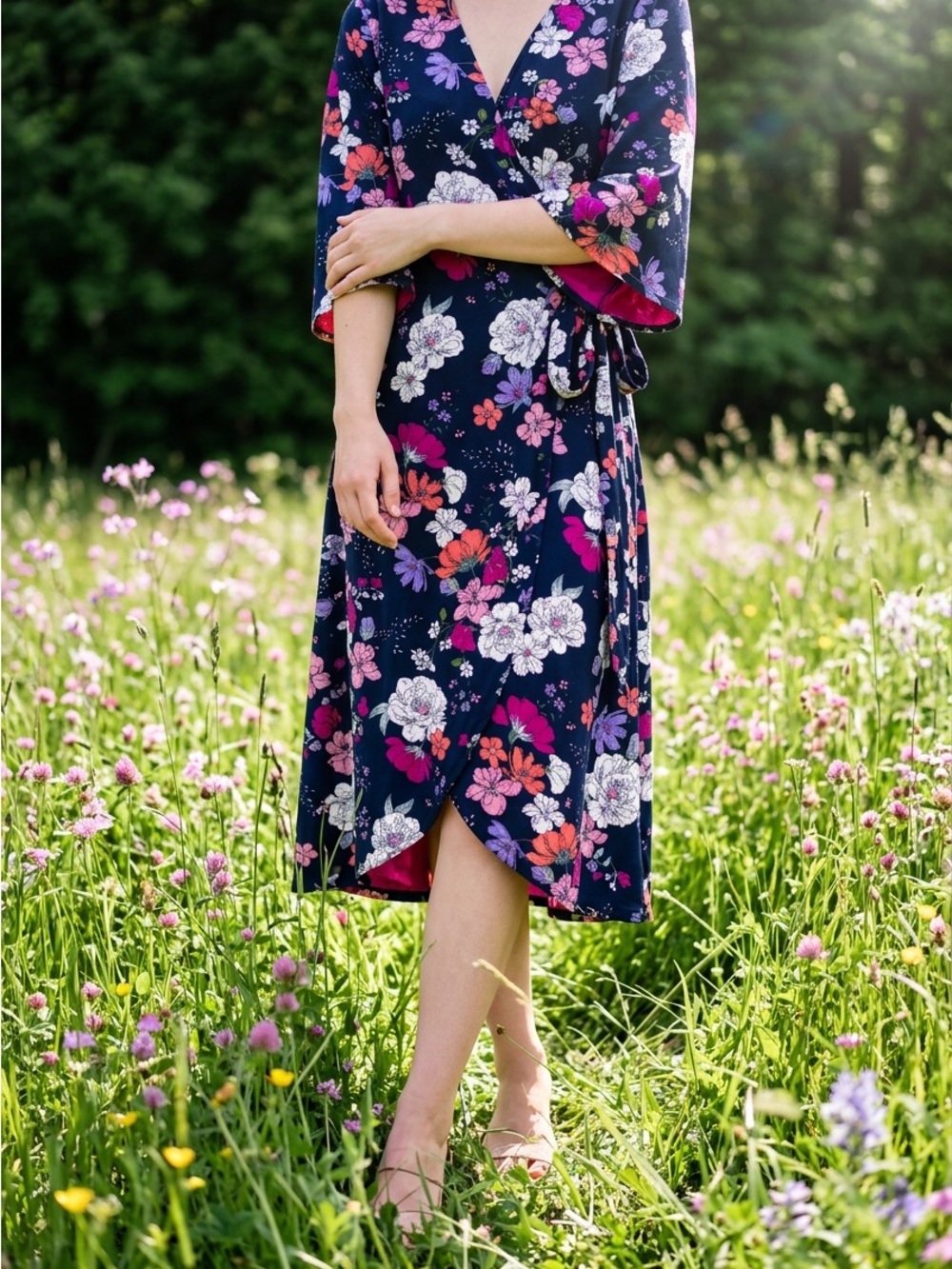 Kiyonna Navy Wrap Dress with Pink & White Floral Print 1x